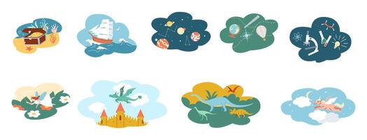Children dreams scenes in clouds flat color icon set. Amazing adventures with imagination illustration pack on white background vector