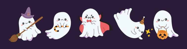 Amusing apparitions Halloween party level color characters set. Spooky charming apparitions at occasion party outline pack on purple foundation vector