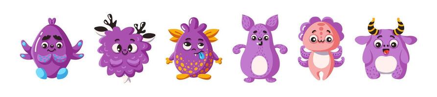 Surreal purple monsters characters flat color icon set. Childish aliens with funny bodies. Sci-fi creatures illustration pack on white vector