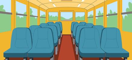Empty bus salon with soft seats flat illustration. Public vehicle 2D interior cartoon background. Passengers transportation scene image vector