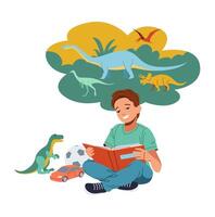 Smiling boy reading book about dinosaurs flat color illustration. Kid studying prehistoric animals in playroom concept icon on white vector