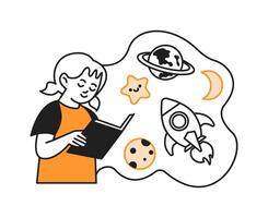 Blonde girl reads astronomy textbook doodle line and color illustration. Concept of back to school routine linear sketch person vector