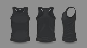 Dark men sleeveless shirts with symbol mockup reasonable outline set. Summer furnish with symbol format 3d models on dim foundation vector