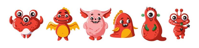 Funny red monsters group flat color characters set. Friendly aliens smiling. Fantastic beasts illustration pack on white background vector