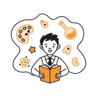 Boy student learning natural science doodle line and color illustration. Happy schoolboy reading textbook linear sketch person vector