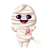 Joyful mummy with pinned heart flat color illustration. Scary ancient monster wrapped with bands Halloween character icon on white vector