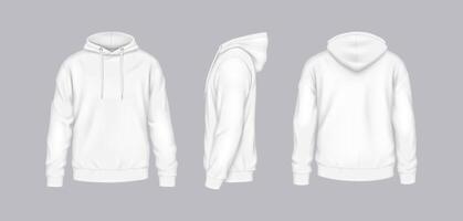 White hoodies of various perspectives realistic illustration set. Casual attire with brand design mockup 3d models on grey background vector