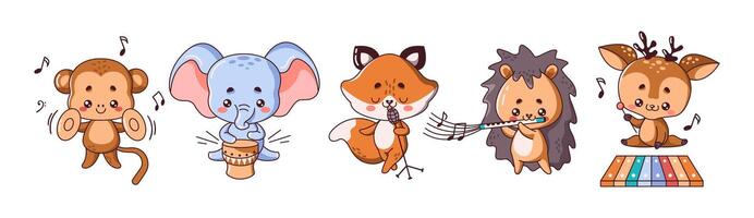 Kawaii animals playing different instruments collection set. Funny musician characters perform in various scenes on white background vector