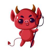 Red devil holding pitchfork flat color illustration. Smiling demon with horns and tail Halloween character icon on white background vector
