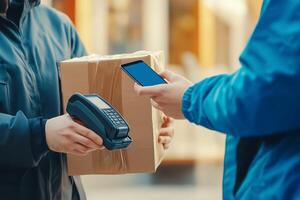 A delivery worker holding a package and a card reader while the customer completes a payment using a mobile phone photo