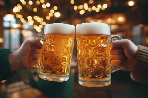 two hands holding frosty beer mugs in a celebratory toast, with warm bokeh lights in the background photo