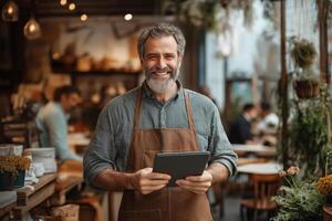 A cheerful bearded man in an apron holding a tablet, standing in a cozy cafe environment with plants and warm lighting photo