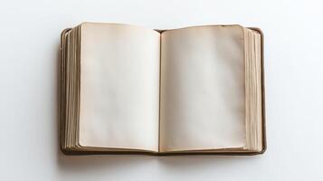An open vintage book with blank, slightly aged pages lying flat on a surface, illuminated by soft natural light photo