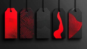 Bold red and black abstract price tags with modern patterns, perfect for Black Friday and sale promotions photo