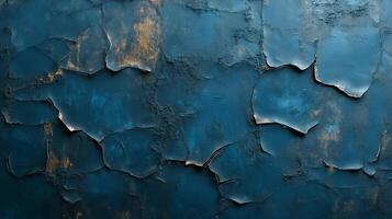 A textured wall with peeling blue paint, revealing weathered layers underneath, creating a distressed surface photo