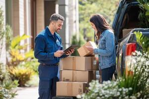 A delivery worker in a blue uniform using a tablet while assisting a customer with multiple packages beside a truck photo