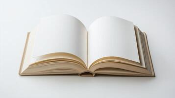 An open blank book with cream-colored pages laid flat on a white surface, ready for writing or creativity photo
