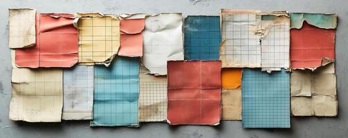 A collage of worn, vintage papers with various colors and grid patterns arranged on a textured surface photo