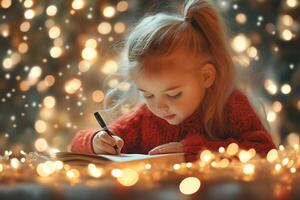 A young girl writing in a notebook, surrounded by glowing fairy lights, creating a cozy and magical holiday atmosphere photo