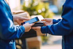 Two people using mobile devices and a card reader for a contactless payment transaction during a delivery service photo