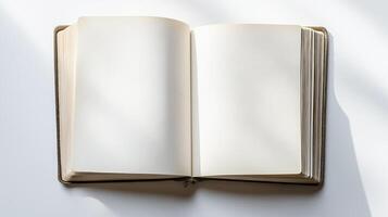 An open blank notebook with clean white pages, lying flat on a surface, illuminated by soft natural light photo