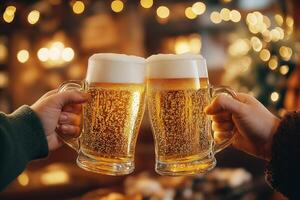 Two hands holding frosty beer mugs in a celebratory toast, with warm bokeh lights in the background photo
