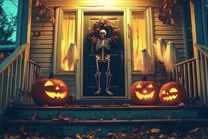 A Halloween porch decorated with glowing jack-o-lanterns, a skeleton, and ghost figures, creating a spooky vibe photo