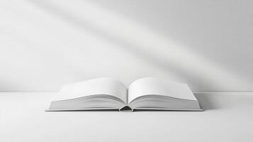 Open white book on a minimalist background, creating a serene and clean atmosphere with soft shadows photo