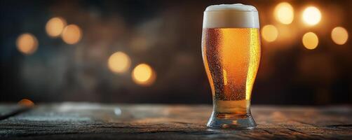 A frosty pint of golden beer on a wooden table, with soft warm lighting in the background creating a cozy ambiance photo