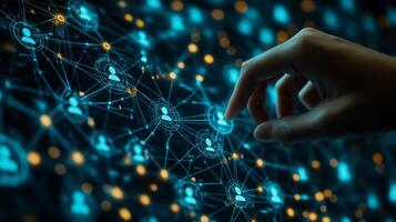 A hand interacts with a complex digital network of interconnected nodes and user icons, symbolizing social connections photo