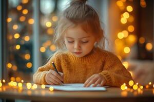 A young girl, focused on drawing, wearing a cozy sweater with warm bokeh lights in the background, creating a peaceful atmosphere photo