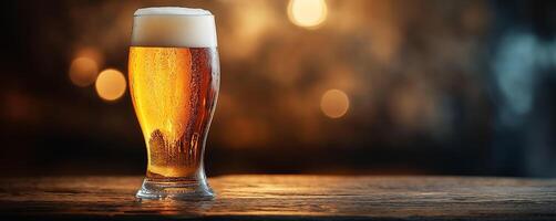 A chilled glass of golden beer with foam on top, placed on a wooden table, with a warm, blurred bokeh background photo