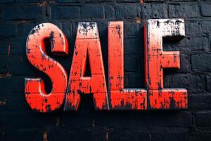 Bold, distressed red SALE text on a dark, textured background, creating a striking and impactful visual photo