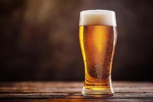A glass of golden beer with foam on top, resting on a wooden table against a warm, blurred background photo