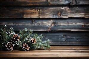 Dark gray wooden background with fir branches and pine cones with space for writing. photo