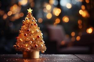 A small Christmas tree stands decorated with yellow ornaments and lights on a yellow bokeh background. photo