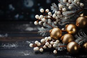 Christmas background with small balls and Christmas tree twigs on a wooden gray background. photo