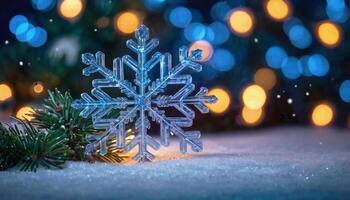 Large light blue transparent snowflake on golden bokeh lights background. Festive Christmas, New Year template, banner. photo