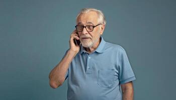 Portrait of an old gray-haired man in glasses and a blue shirt talking on the phone. Grandfather calling his grandchildren. photo