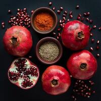 Fresh red pomegranate raw organic fruit for juicy on dark table photo