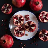 Fresh red pomegranate raw organic fruit for juicy on dark table photo