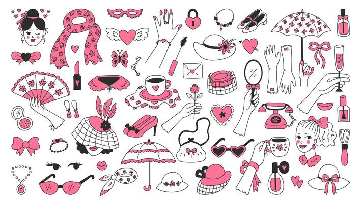 Elegant Woman Fashion and Accessories Coquette Doodles Set