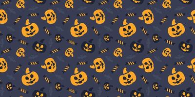 Happy Halloween seamless pattern. Pumpkin, flying bat and candy on dark blue background. Illustration for web or print vector