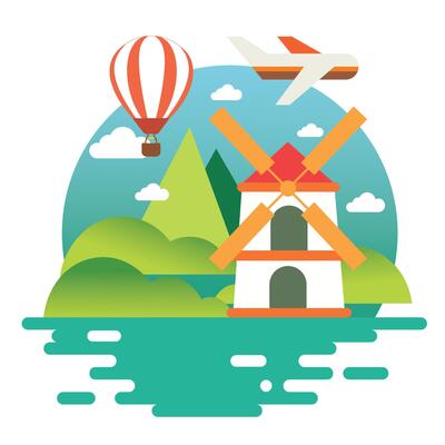 Windmill final, Windmill icon. symbol .Modern flat design style illustration. A composition with a windmills, mills, Balloon, aircraft, mountain.