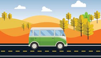 van on road in a forest, concept of camping. fall season vector