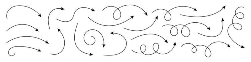 Collection of curved hand drawn arrows. vector