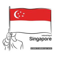 Scalable and editable eps Outline line stroke contour art of person hand fist holding national waving flag of Singapore vector