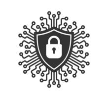 Cyber Security Icon. Shield Security Lock. Machine learning micropchip symbol, ML icon, Artificial intelligence sign. illustration image. Isolated on white background. vector