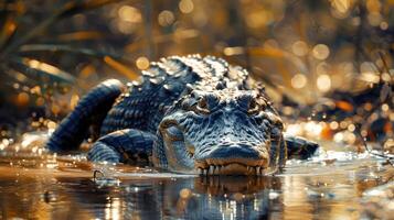 A large alligator resting its mouth on the river bank after a day of feeding, with warm, photo