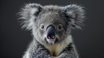 A close-up of a Koala's face, showing its eyes, nose and mouth with the background blurred. photo